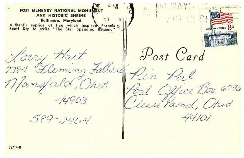 USA Flag Fort McHenry Maryland Francis Scott Key Inspiration Poatcard 1971