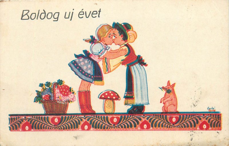 Hungary 1940 Easter fantasy signed Gyulai children couple kiss mushroom luck pig