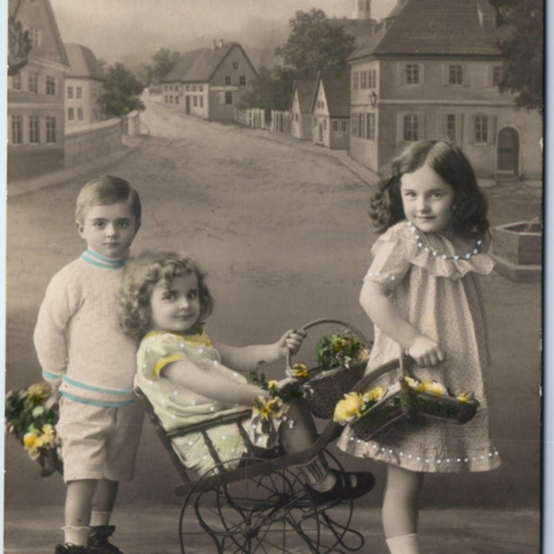 c1910s Cute German Children Play Cart RPPC Hand Colored PFB Real Photo PC A136