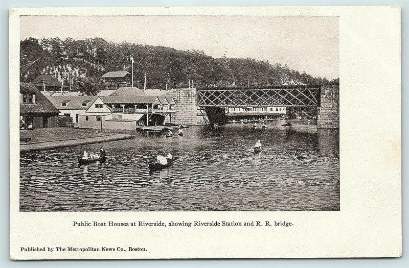 Postcard MA Boston Public Boat Houses Riverside Station & Railroad Bridge C25