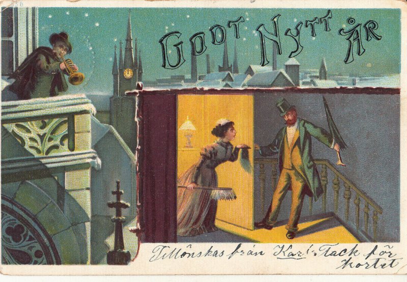 New Year 1903 greetings chromo postcard Sweden domestic dispute comic caricature 