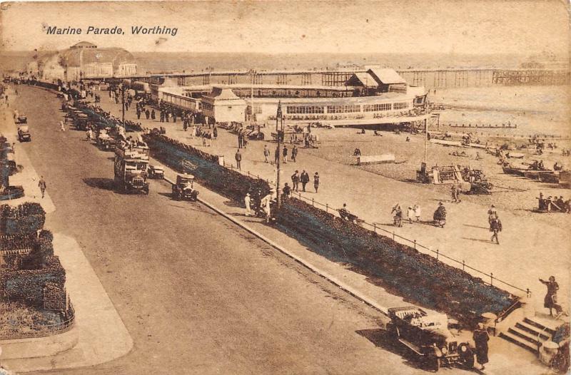 WORTHING SUSSEX UK MARINE PARADE ELEVATED VIEW & OLD CARS POSTCARD