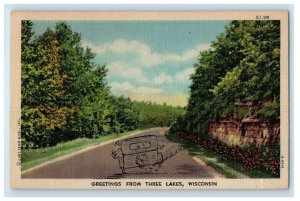 1950 Hand Drawn Car Humor Greetings From Three Lakes Wisconsin WI Postcard 