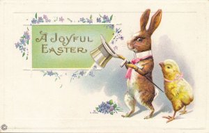 Joyful Easter Greetings Dressed Rabbit Top Hat with Chick pm 1916 - Stecher Lith