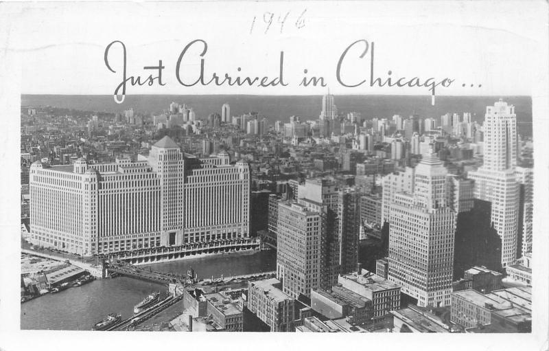 Chicago Illinois Bird's Eye View~Just Arrived~Skyscrapers-River-Bridge~1946 RPPC
