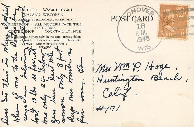 Vintage Postcard; Hotel Wausau, Wausau WI Marathon County Artist's Impression