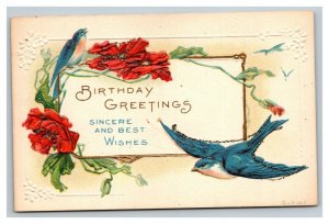 Vintage 1910's Birthday Postcard Beautiful Blue Birds & Red Flowers