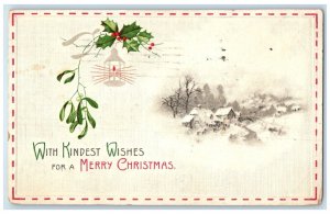1915 Christmas Wishbone Mistletoe Holly Berries Minimalist Clinton IA Postcard