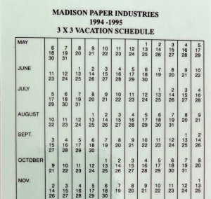 Madison Paper Industries 3x3 Vacation Schedule 1994-95 Laminated Vtg DWKK18