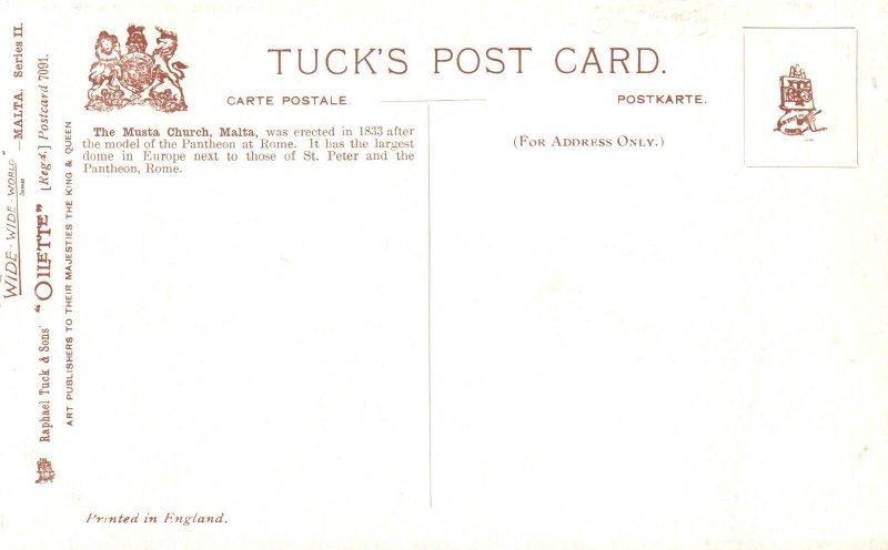 Vintage Postcard Musta Church Malta Pantheon At Rome Model Oilette Raphael Tuck