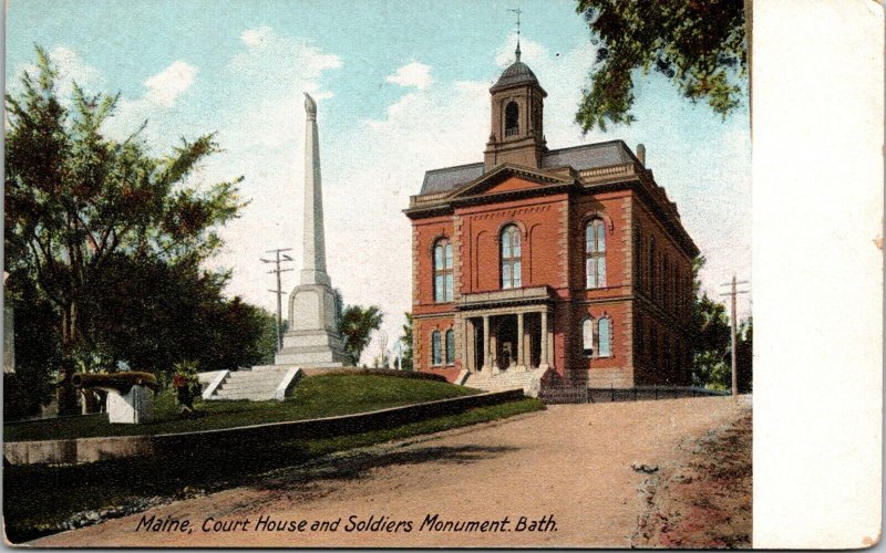 Courthouse and Soldiers Monument Dirt Road Bath Maine Postcard HC Leighton UND