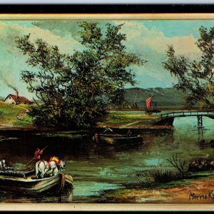 1965 Morris Katz Art Painting Print Chrome Postcard Medieval Boat Bridge PC A231