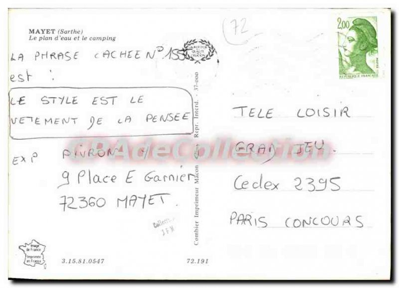 Modern Postcard Mayet Sarthe camping plan