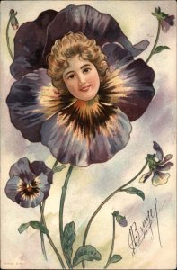 A/S Fantasy Beautiful Woman Pansy Flower Headed Woman c1910 Postcard