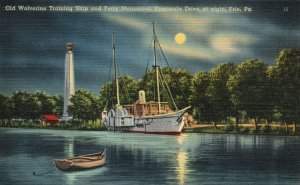 Vintage Postcard 1930's Old Wolverine Training Ship & Perry Monument Erie Penn.