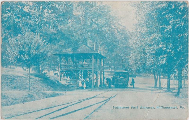 1907 WILLIAMSPORT Pa Postcard VALLAMONT PARK ENTRANCE Trolley People