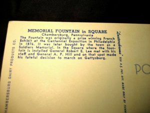 1950s Memorial Fountain Public Square Chambersburg PA Civil War Antique Postcard