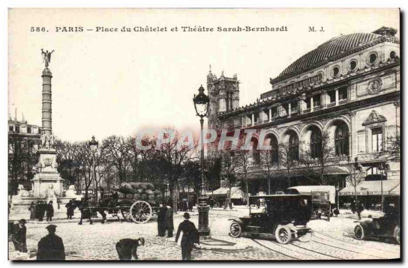 Old Postcard Paris Place de Chatelet and Theater Sarah Bernhardt