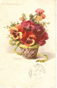 Beautiful flowers in basket, by Caytherine Klein Old vintage French postcard