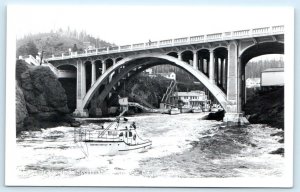 RPPC DEPOE BAY, Oregon OR ~ Bridge TRADEWINDS SPORTFISHER Boat c1950s Postcard