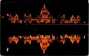 Parliament Buildings Night View Reflection Victoria BC Canada Postcard VTG UNP 