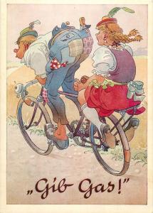 Comic couple caricatures funny bicycle ride Gib Gas ! Germany Lengauer Karte