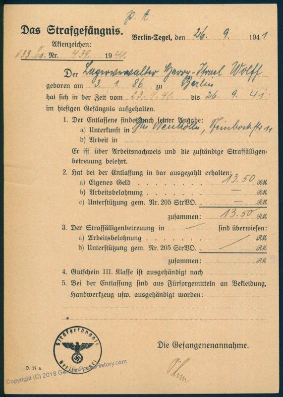 3rd Reich Germany Jewish Persecution Prisoner Changing Name Berlin Tegel 86063