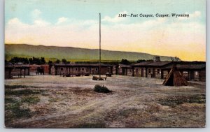 Casper Wyoming~Fort Caspar~Tepee~Cabins~Carriage~Flagpole~Linen 1940s Postcard