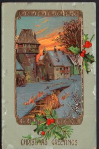 Christmas Greetings with Holly, Winter Scene in Gold Trim Embossed - pm1909 - DB