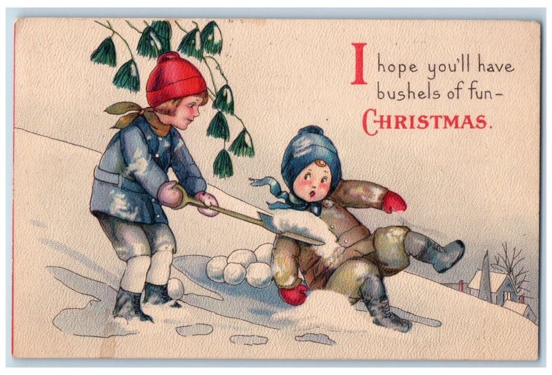 Caldwell Idaho ID Postcard Christmas Children Playing Snow Snowball c1910's