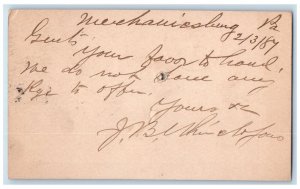 1884 J Allewalt Mechanicsville Pennsylvania PA Baltimore MD Postal Card