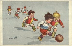 Kids Playing Soccer Football Artist Signed c1930 Postcard