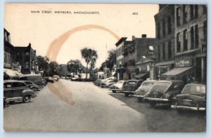1954 Westboro Massachusetts MA Postcard Main Street Classic Cars Buildings Linen