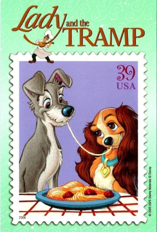 Walt Disney  LADY & THE TRAMP 2008 USPS Stamp Look  MOVIE~Animation 4X6 Postcard