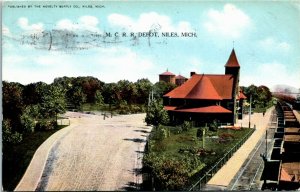 Postcard MI Niles Michigan Central Railroad Depot Freight Train 1911 F23