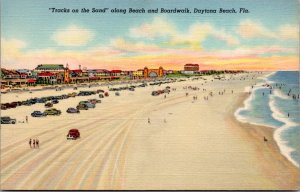 Postcard FL Daytona Beach - Tracks on Sand cars on beach