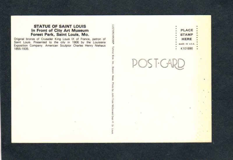 MO Statue Saint St Louis Art Museum France King IX Missouri Postcard