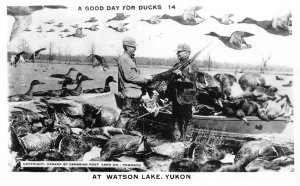 J37/ Exaggeration RPPC Postcard 40s Watson Lake Yukon Canada Duck Hunt 152