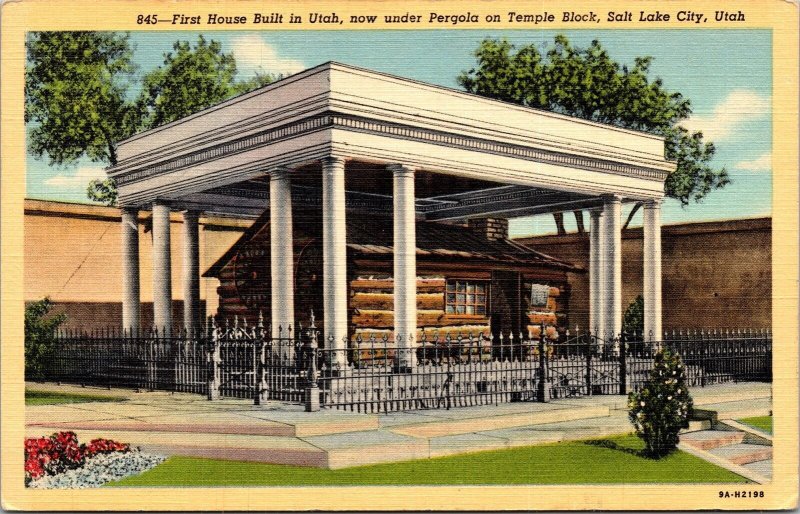 First House Built Utah UT Pergola Temple Block Salt Lake City Linen Postcard VTG 