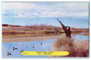 1953 Greetings From Ely Nevada NV Posted Duck Hunting River Scene Postcard