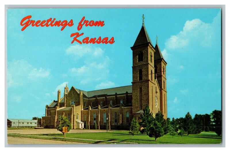 Greetings From Kansas St. Fidelis Church Victoria KS Vtg Standard View Postcard 