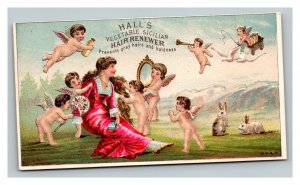 Vintage 1880's Victorian Trade Card Hall's Vegetable Sicilian Hair Renewer