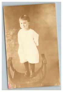 Vintage 1910's RPPC Postcard Child in White Dress Standing on Chair - Funny