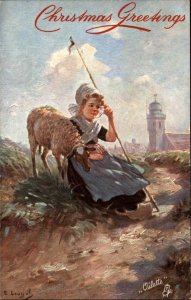 Tuck Christmas Dutch Peasant Girls Shepherdess c1910 Vintage Postcard