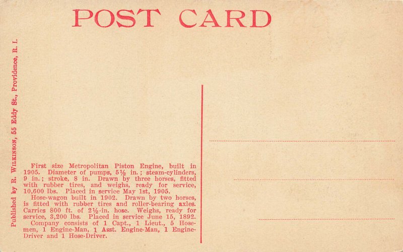 Providence RI Fire Department Engine2 Horse & Fire Wagons Postcard