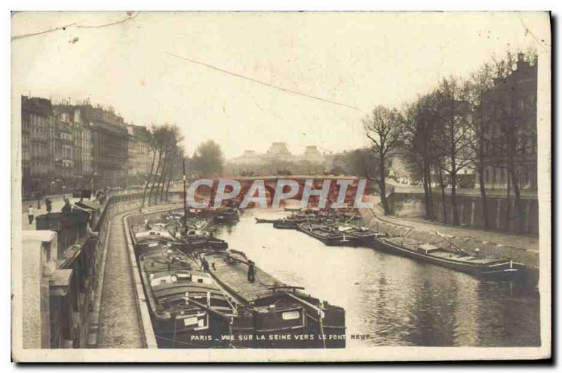 Old Postcard Paris View of the Seine to the Pont Neuf Boat Peniche