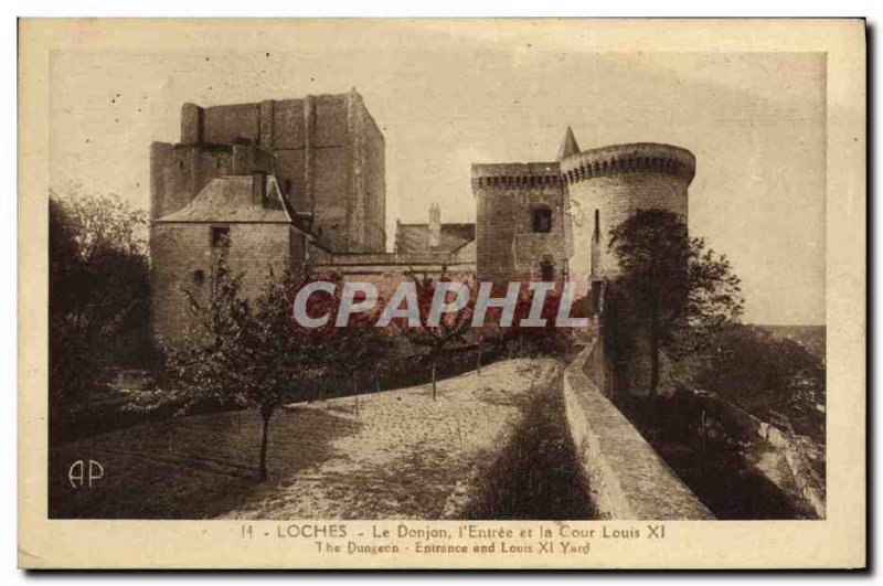 Old Postcard Chateau Loches The dungeon's entrance and Louis XI court