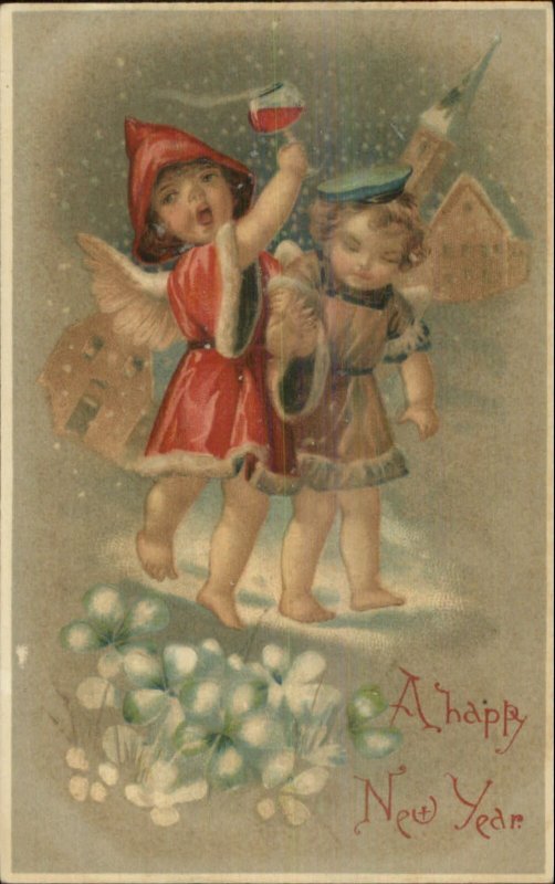 New Year - Drunk Cherubs Wine Glass c1910 BW 301 Postcard