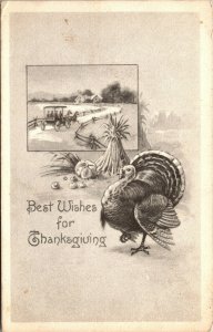 Vtg 1910s Best Wishes for Thanksgiving Horse & Carriage Farm Turkey Postcard