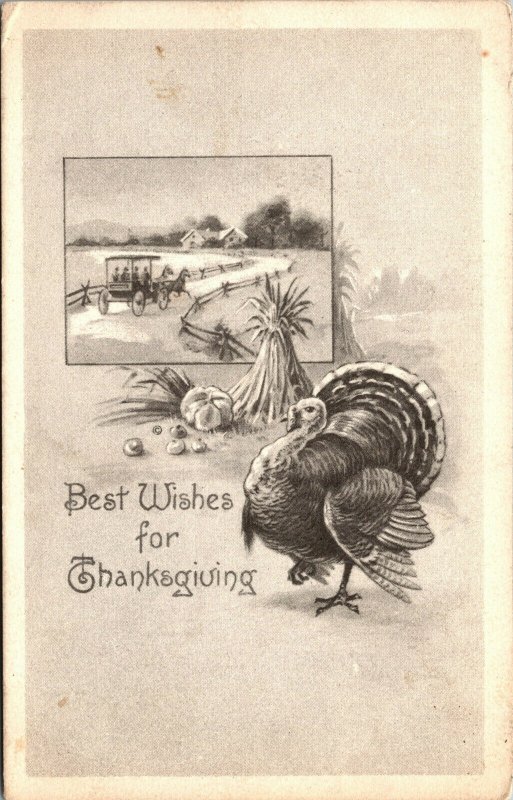 Vtg 1910s Best Wishes for Thanksgiving Horse & Carriage Farm Turkey Postcard